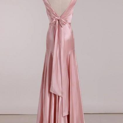 V-neck Pink Tie Back Mermaid Bridesmaid Dress