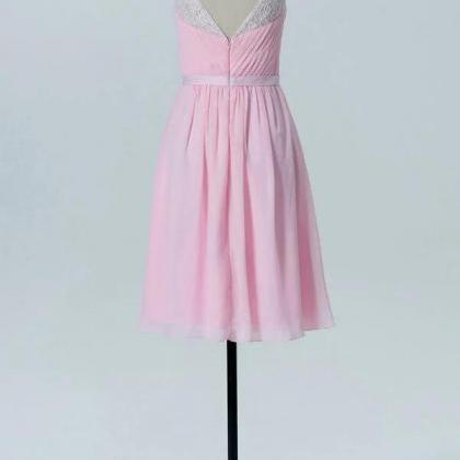Sweet V-neck Pink Lace Bridesmaid Dress With Cap..