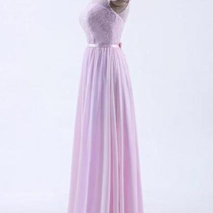 Cap Sleeves Pink Lace Long Prom Dress