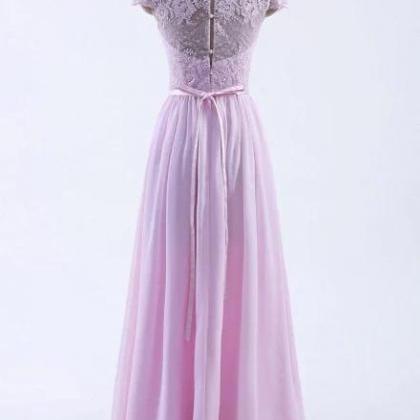 Cap Sleeves Pink Lace Long Prom Dress