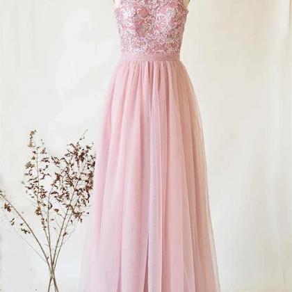 A-line Halter Pink Tulle Lace Long Bridesmaid..