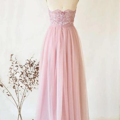 A-line Halter Pink Tulle Lace Long Bridesmaid..