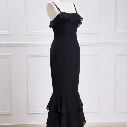 Black Straps Ruffle Multi-layer Chiffon Prom Dress
