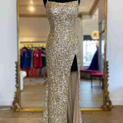 Sparkle Tiffany Champagne Sequins Long Prom Dress..