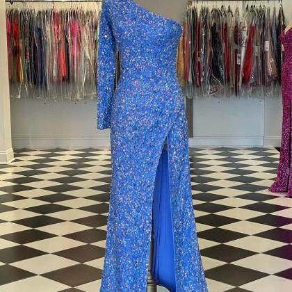 Sparkly Blue Sequind Long Sleeve Prom Dress Party..