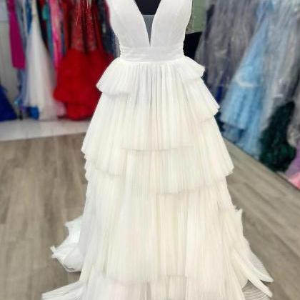 White V-neck Pleated Layered Long Formal Prom..