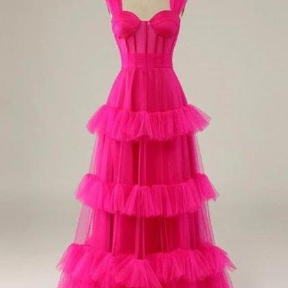 Straps Pink Ruffle Tiered Long Prom Dress Party..