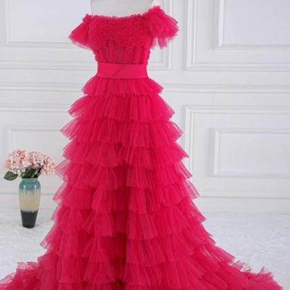 Off The Shoulder Fuchsia Ruffle Tiered Prom Dress..