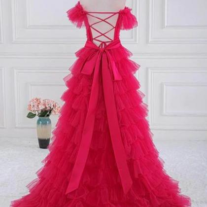 Off The Shoulder Fuchsia Ruffle Tiered Prom Dress..