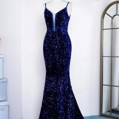 Mermaid Royal Blue Straps Sequin Long Prom Dress