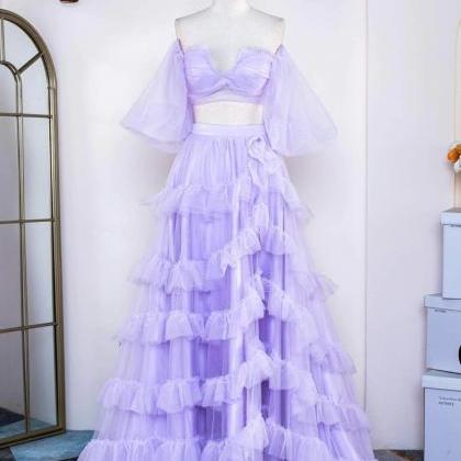 Two Piece Lavender Off The Shoulder Ruffles Prom..