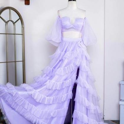 Two Piece Lavender Off The Shoulder Ruffles Prom..