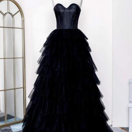 Sweetheart Black Layered Tulle A-line Prom Dress