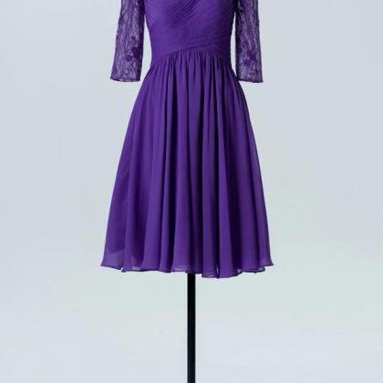 Purple Short Lace Bridesmaid Dress With Long..