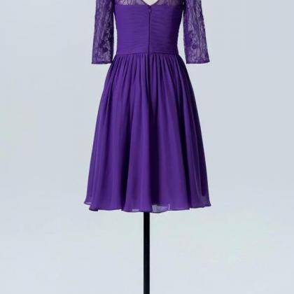 Purple Short Lace Bridesmaid Dress With Long..