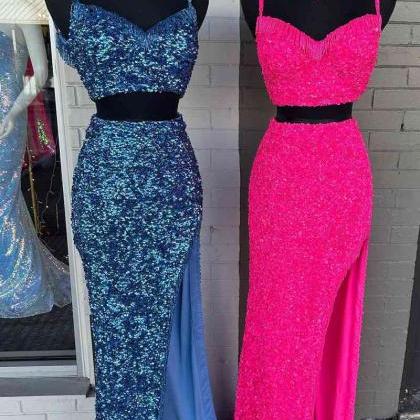 Mermaid Straps Sequins Slit Separated Long Prom..