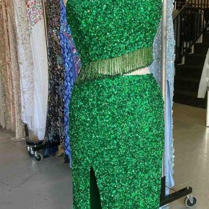 Green Two Piece Sequined One Shoulder Long Party..