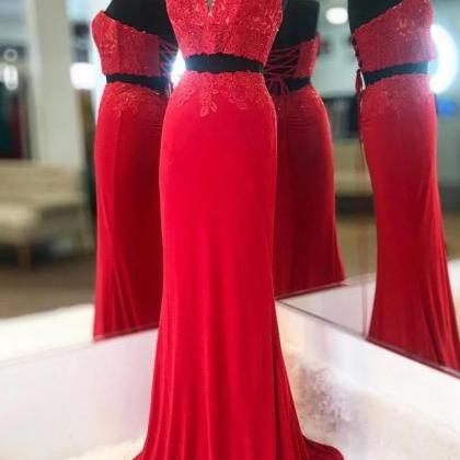 Elegant Two Piece Sweetheart Beaded Red Prom Dress..