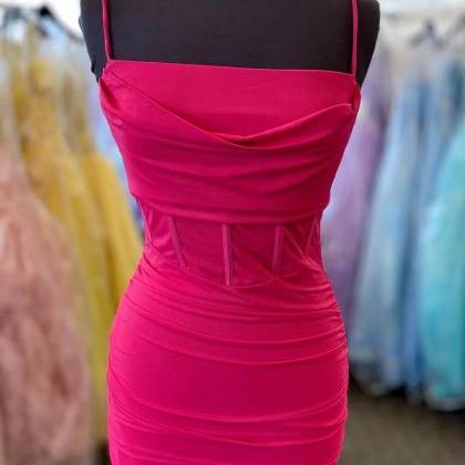 Fitted Fuchsia Straps Pleated Short Homecoming..