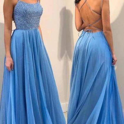Blue Chiffon Long Prom Dress With Beaded Bodice