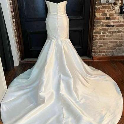 Classy Lace Strapless White Satin Pleated Mermaid Party Dress Formal Wedding Guest Dress SP589