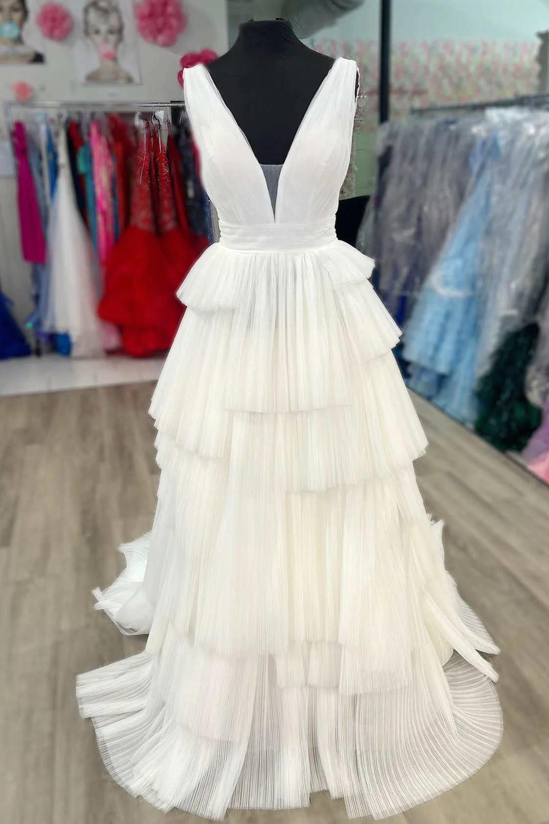 White V-neck Pleated Layered Long Formal Prom Dress