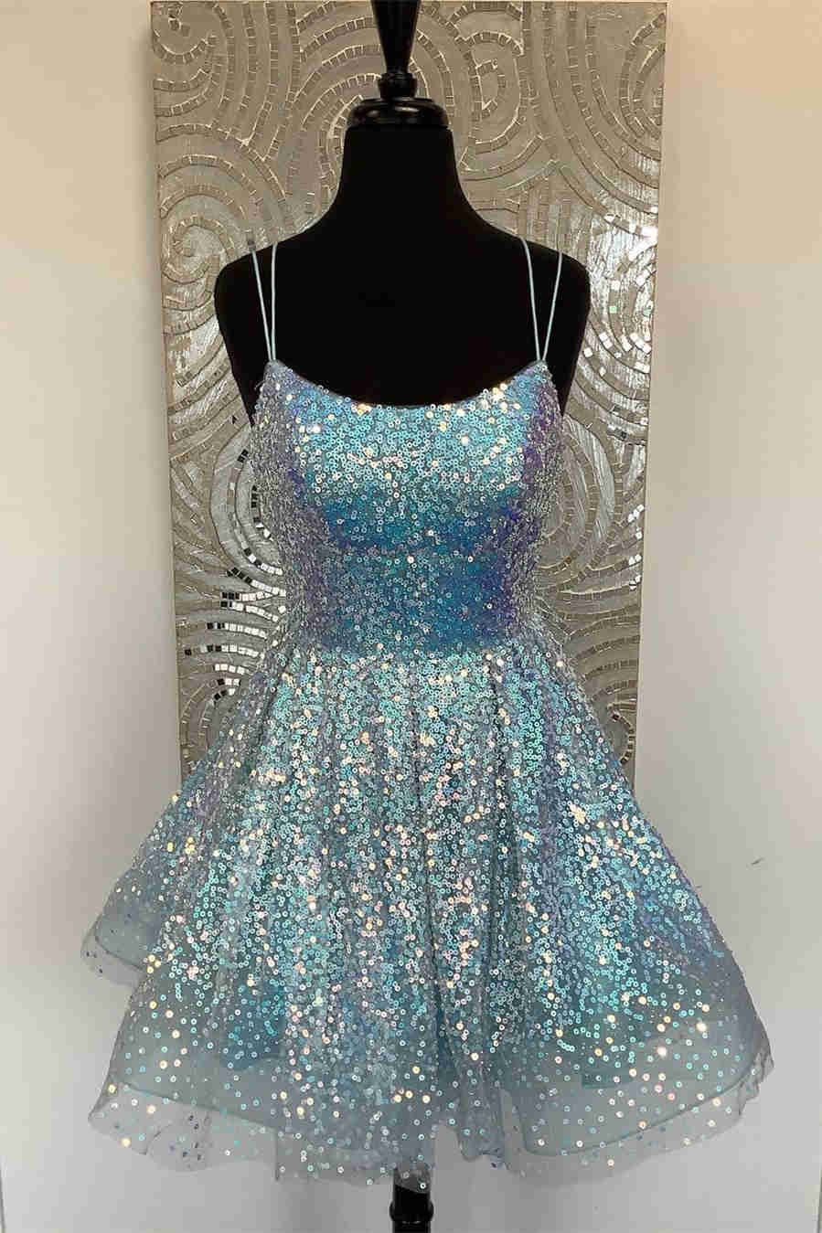 light blue sequin dress short Lace-Up Light Blue Sequin Mini Homecoming Dress Tight Short Prom Dress US2 / As Picture