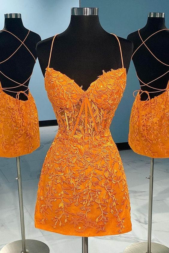 open lace back dress Zapaka Women Tight Homecoming Dress with Backless Orange Glitter Cocktail Dress, Orange / US26W main image 1