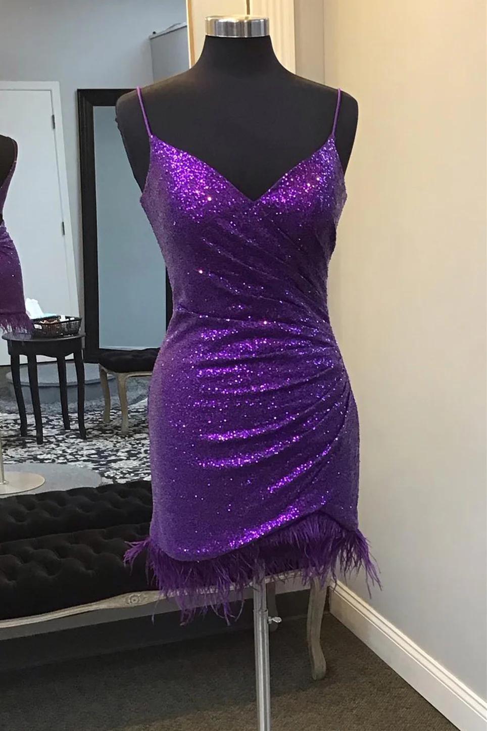 open lace back dress Maraya Purple Rhinestone Mesh Feather Mini Dress 8 US Women's Numeric / Red main image 1