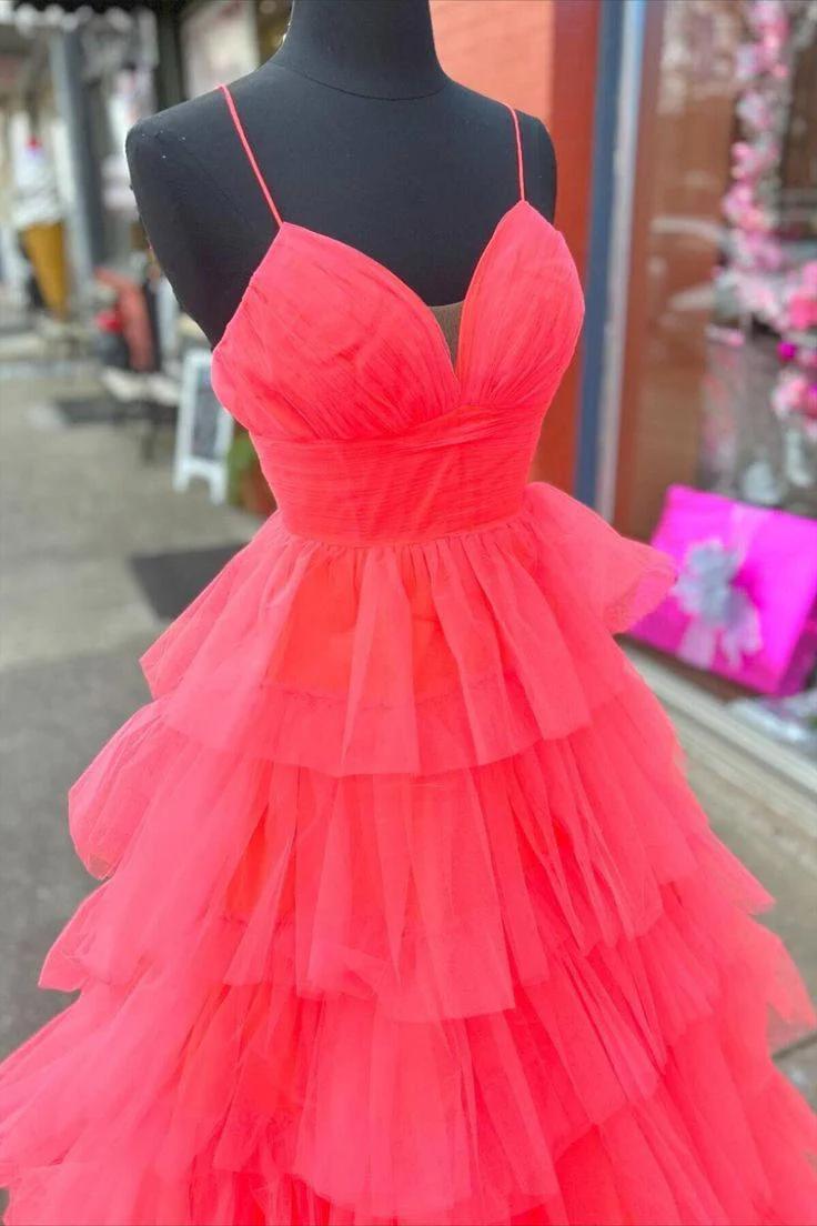 A-Line Candy Pink Tulle V-Neck Formal Dresses