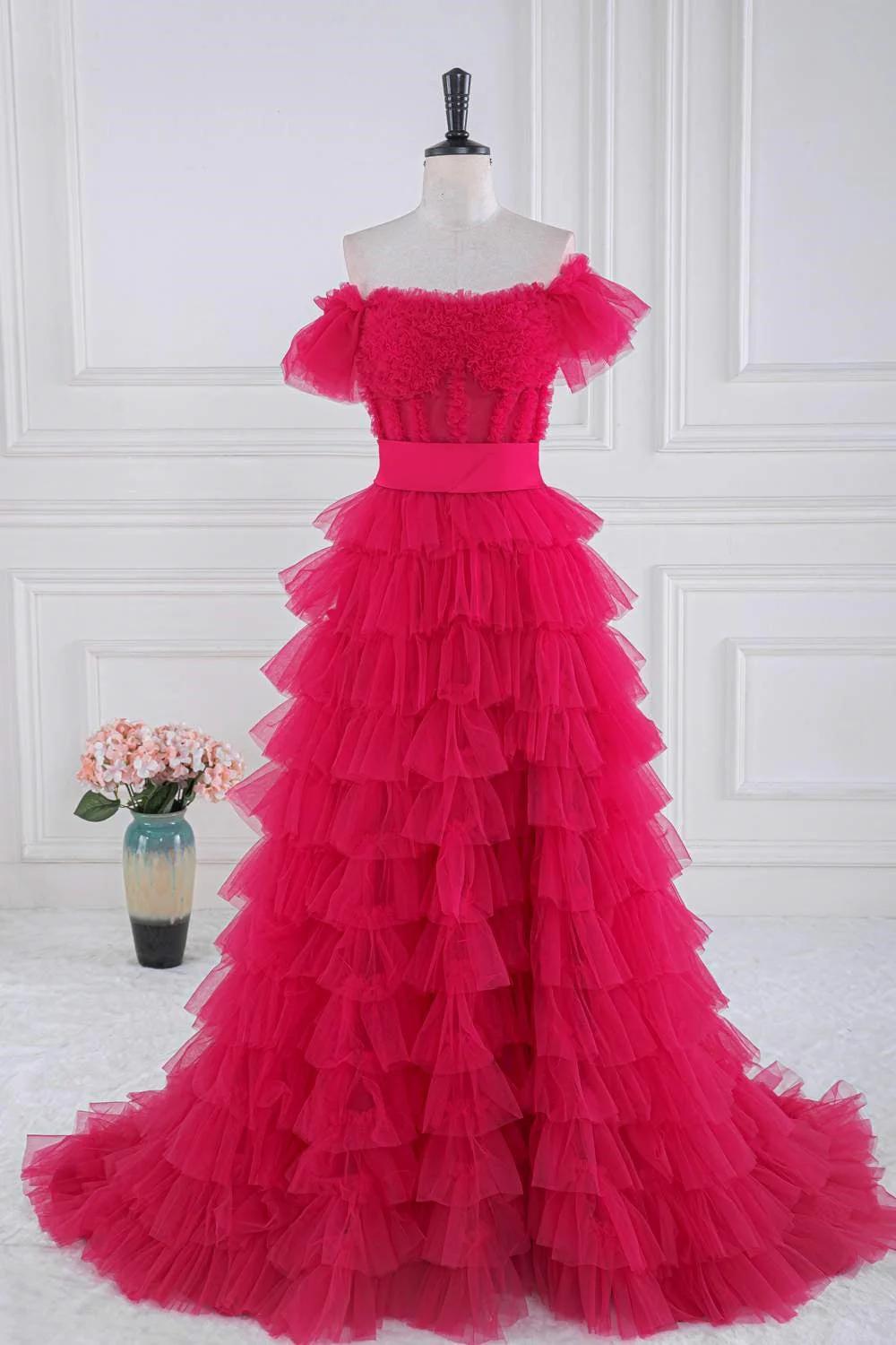 Off The Shoulder Fuchsia Ruffle Tiered Prom Dress With Sash on Luulla