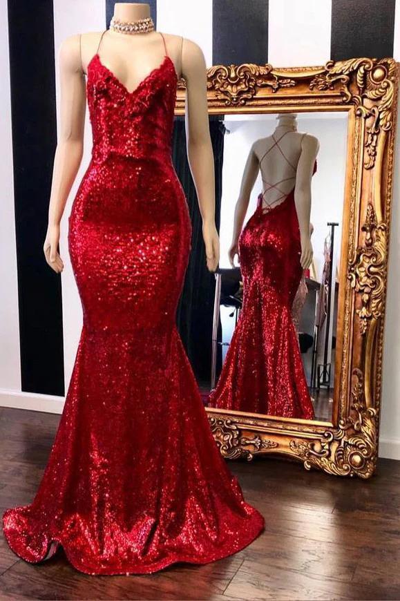 chinese dress ladies Mermaid Magenta V neck Spaghetti Straps Sequins Prom Dress Evening Gowns  sew1081