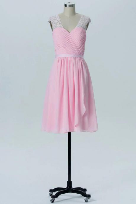Sweet V-neck Pink Lace Bridesmaid Dress With Cap Sleeves