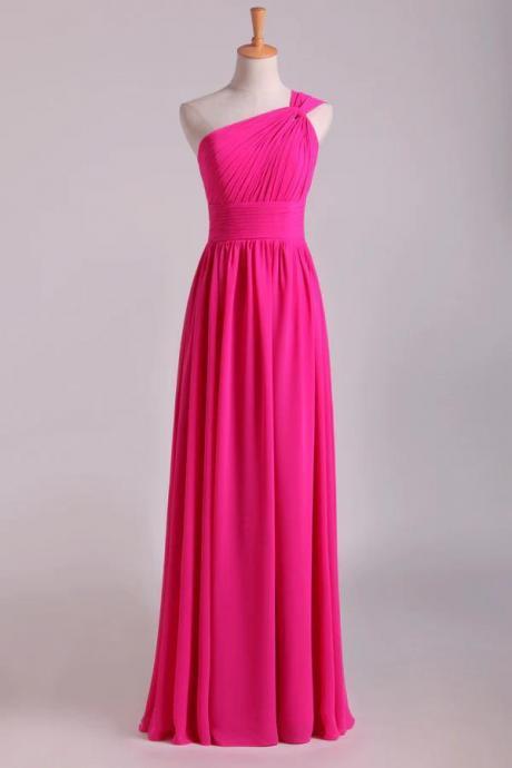 Pink One Shoulder Pleated Bridesmaid Dress