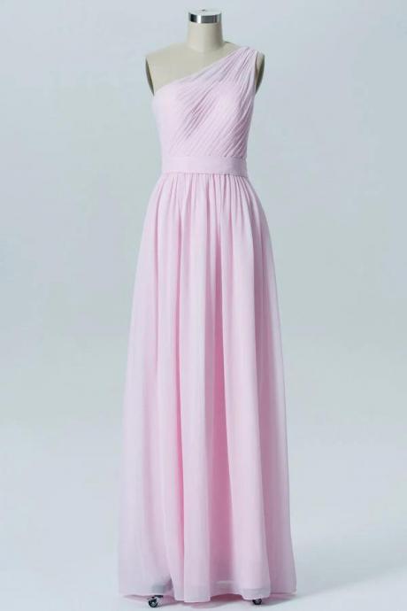 Chiffon Pink One Shoulder Bridesmaid Dress With Belt