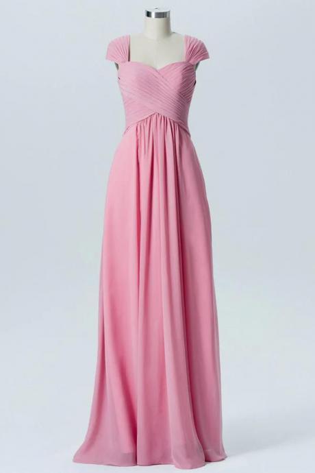 Chiffon Long Candy Pink Bridesmaid Dress With Cap Sleeves