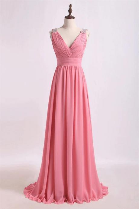 Blush Pink Beaded Shhoulder Chiffon Bridesmaid Dress