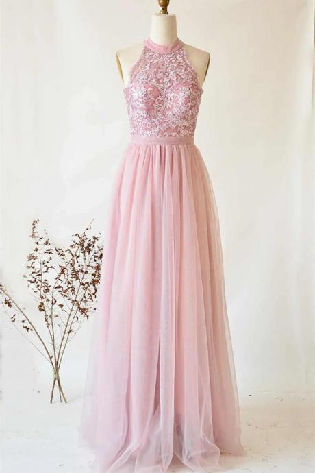 A-line Halter Pink Tulle Lace Long Bridesmaid Dress