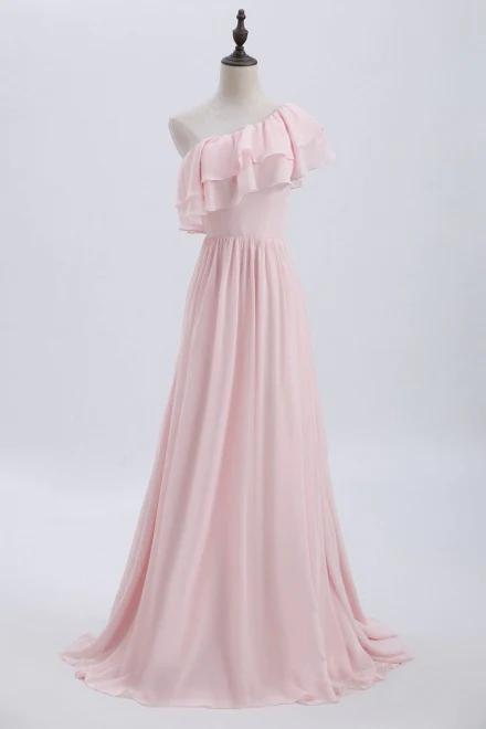 One Shoulder Ruffles Pink Bridesmaid Dress