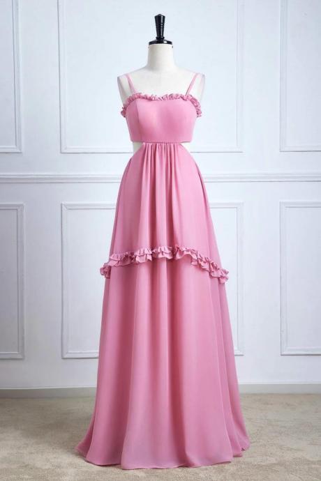 Straps Powder Pink Bow Tie Back Ruffle Chiffon Prom Dress