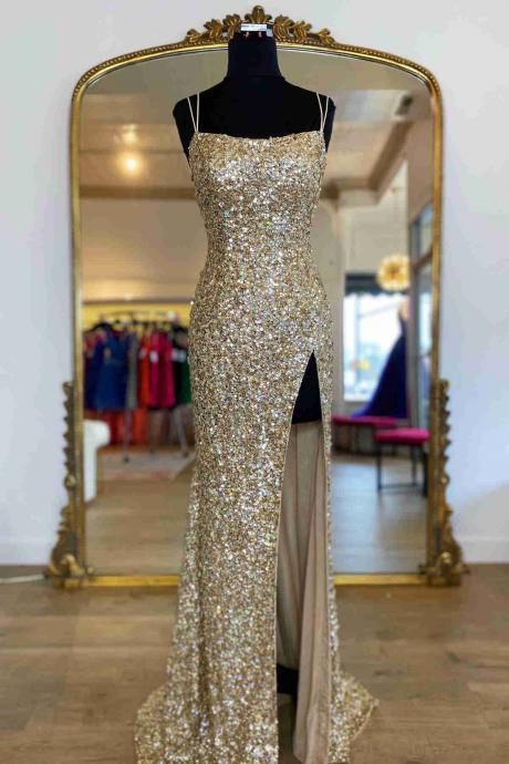 Sparkle Tiffany Champagne Sequins Long Prom Dress With Slit