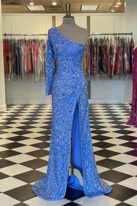 Sparkly Blue Sequind Long Sleeve Prom Dress Party Dress