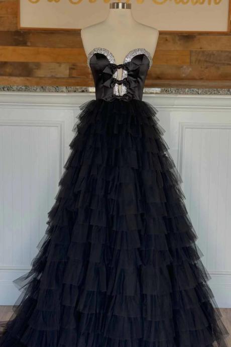 Strapless A-line Black Ruffle Long Prom Dress