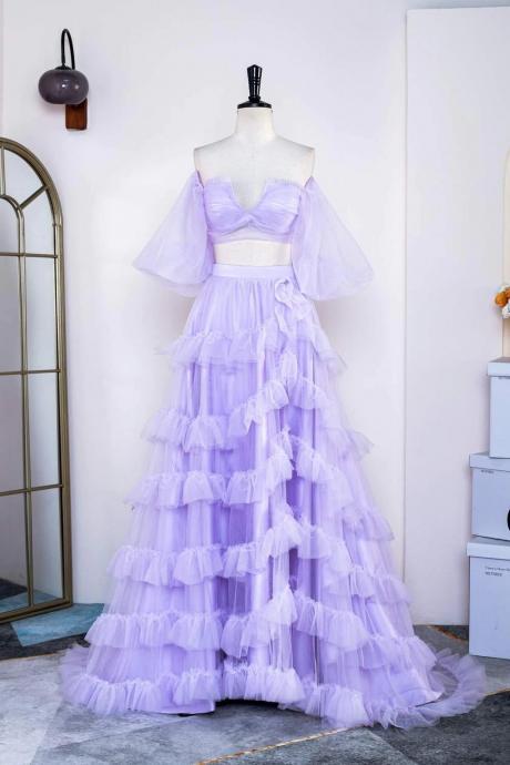 Two Piece Lavender Off The Shoulder Ruffles Prom Dress With Slit