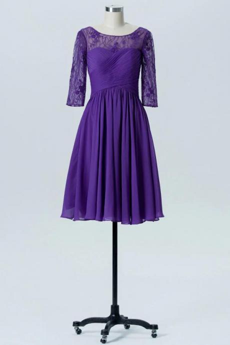 Purple Short Lace Bridesmaid Dress With Long Sleeves