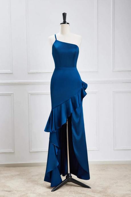 Blue One Shoulder Ruffle Satin Mermaid Maxi Dress,prom Dress,party Dress