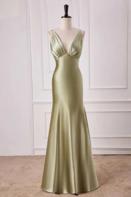 Straps Sage Green Empire Waist Pleated Satin Maix Dress,prom Dress,party Dress