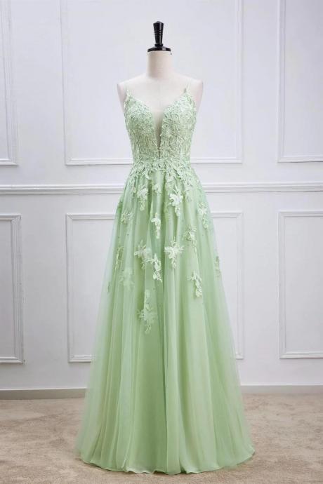 Plungin V-neck Sage Green Straps Appliques Tulle Prom Dress,evening Dress,party Dress