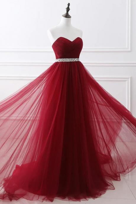 Burgundy Ruffled Long Tulle Prom Evening Dress,party Dress