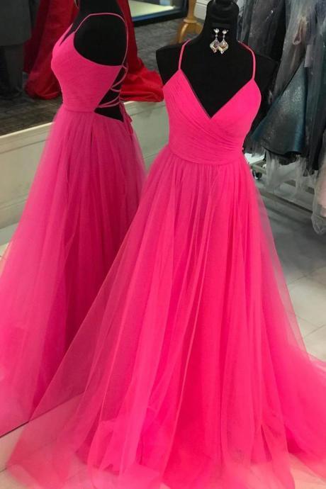 V Neck A-line Pink Long Prom Dress With Lace-up Back
